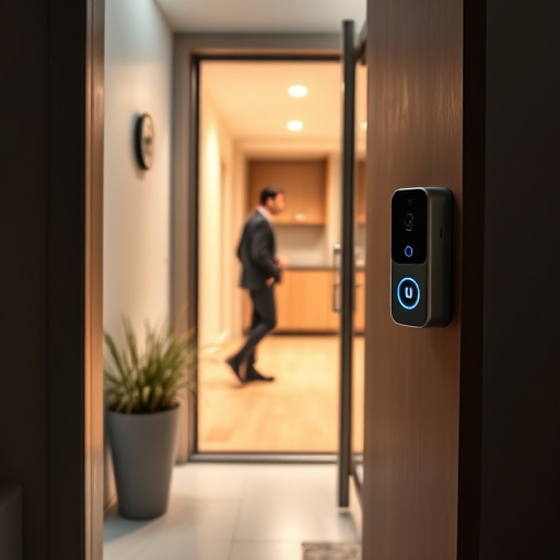 compact wireless doorbell at urban entry,doorbell camera recording visitor at night,emergency alert system inside hallway,connected smart home with multiple sensors,ai security camera scanning for movement,glass break sensor on sliding door