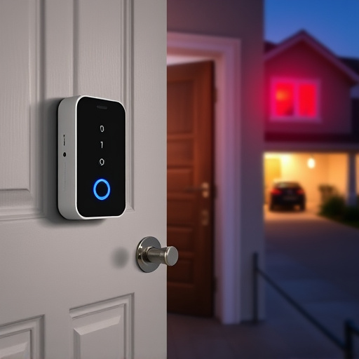 compact wireless doorbell at urban entry,emergency alert system inside hallway,apartment entry secured with bolt lock,doorbell camera recording visitor at night,night vision security camera watching driveway,flashing red home security alert light at night