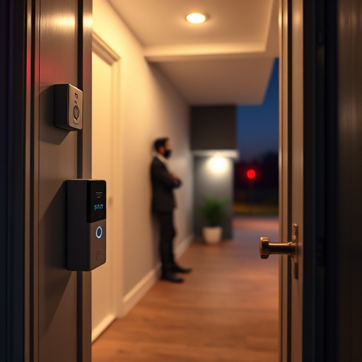 compact wireless doorbell at urban entry,emergency alert system inside hallway,apartment entry secured with bolt lock,doorbell camera recording visitor at night,night vision security camera watching driveway,flashing red home security alert light at night