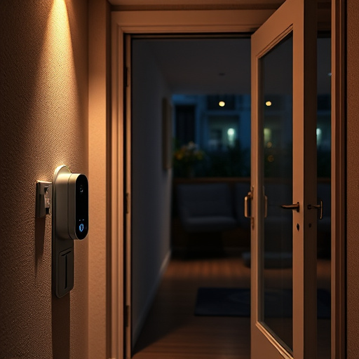 compact wireless doorbell at urban entry,doorbell camera recording visitor at night,emergency alert system inside hallway,connected smart home with multiple sensors,ai security camera scanning for movement,glass break sensor on sliding door