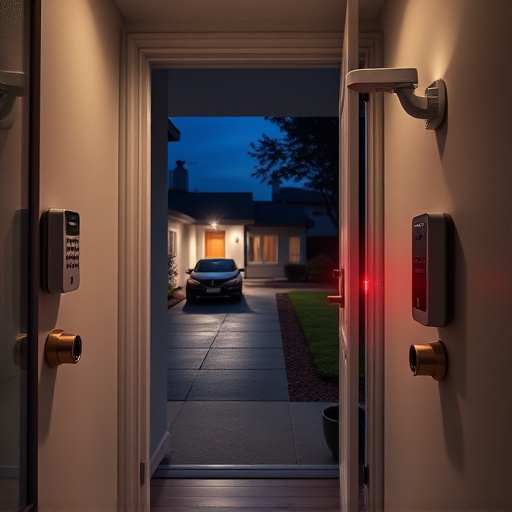 compact wireless doorbell at urban entry,emergency alert system inside hallway,apartment entry secured with bolt lock,doorbell camera recording visitor at night,night vision security camera watching driveway,flashing red home security alert light at night