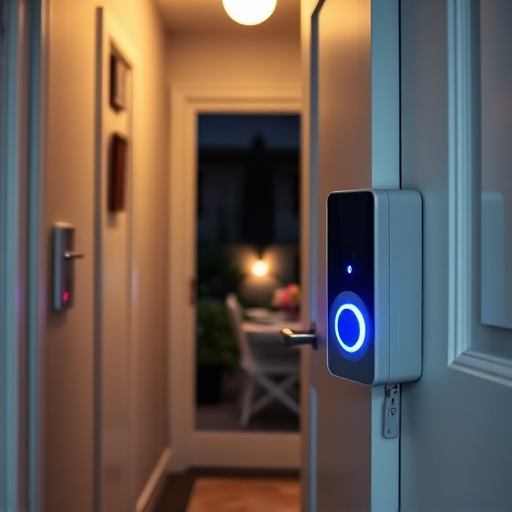 compact wireless doorbell at urban entry,emergency alert system inside hallway,apartment entry secured with bolt lock,doorbell camera recording visitor at night,night vision security camera watching driveway,flashing red home security alert light at night