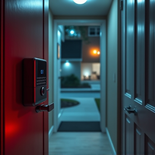 compact wireless doorbell at urban entry,emergency alert system inside hallway,apartment entry secured with bolt lock,doorbell camera recording visitor at night,night vision security camera watching driveway,flashing red home security alert light at night