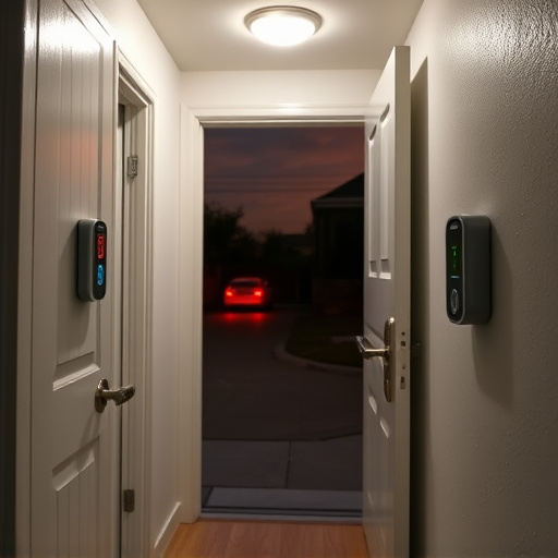 compact wireless doorbell at urban entry,emergency alert system inside hallway,apartment entry secured with bolt lock,doorbell camera recording visitor at night,night vision security camera watching driveway,flashing red home security alert light at night