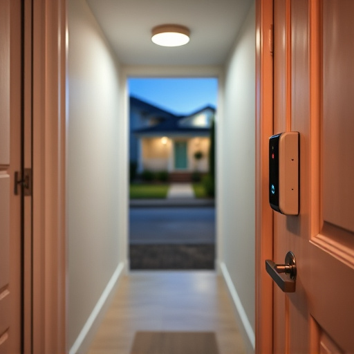 compact wireless doorbell at urban entry,emergency alert system inside hallway,apartment entry secured with bolt lock,doorbell camera recording visitor at night,night vision security camera watching driveway,flashing red home security alert light at night