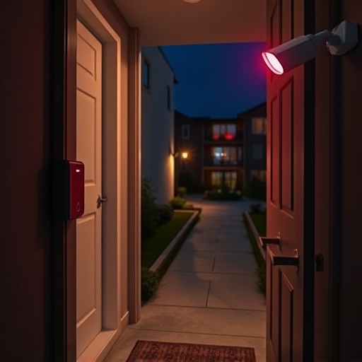 compact wireless doorbell at urban entry,emergency alert system inside hallway,apartment entry secured with bolt lock,doorbell camera recording visitor at night,night vision security camera watching driveway,flashing red home security alert light at night
