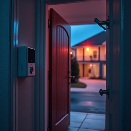 compact wireless doorbell at urban entry,emergency alert system inside hallway,apartment entry secured with bolt lock,doorbell camera recording visitor at night,night vision security camera watching driveway,flashing red home security alert light at night