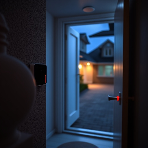 compact wireless doorbell at urban entry,emergency alert system inside hallway,apartment entry secured with bolt lock,doorbell camera recording visitor at night,night vision security camera watching driveway,flashing red home security alert light at night