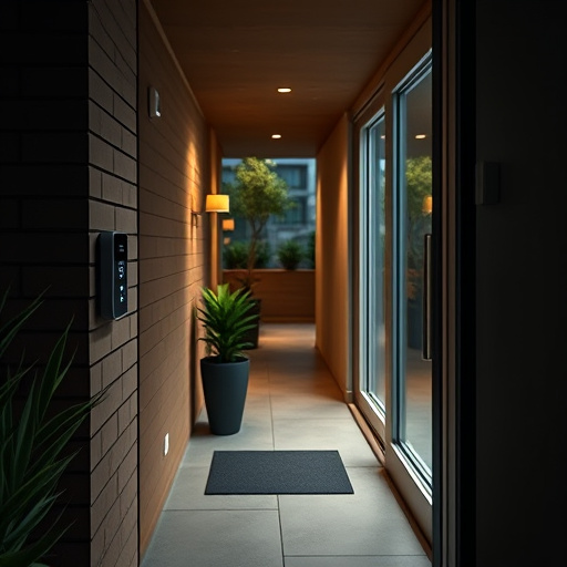 compact wireless doorbell at urban entry,doorbell camera recording visitor at night,emergency alert system inside hallway,connected smart home with multiple sensors,ai security camera scanning for movement,glass break sensor on sliding door