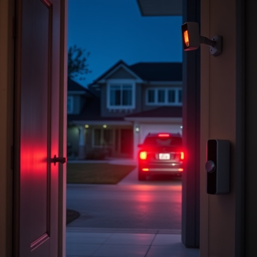 compact wireless doorbell at urban entry,emergency alert system inside hallway,apartment entry secured with bolt lock,doorbell camera recording visitor at night,night vision security camera watching driveway,flashing red home security alert light at night