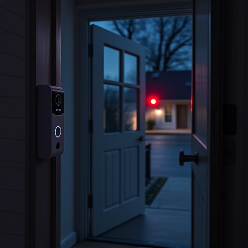 compact wireless doorbell at urban entry,emergency alert system inside hallway,apartment entry secured with bolt lock,doorbell camera recording visitor at night,night vision security camera watching driveway,flashing red home security alert light at night