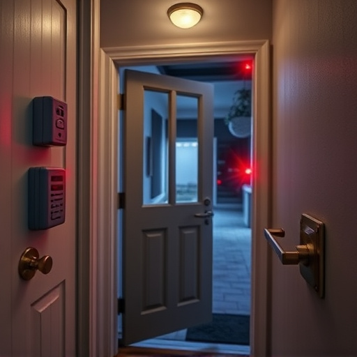compact wireless doorbell at urban entry,emergency alert system inside hallway,apartment entry secured with bolt lock,doorbell camera recording visitor at night,night vision security camera watching driveway,flashing red home security alert light at night