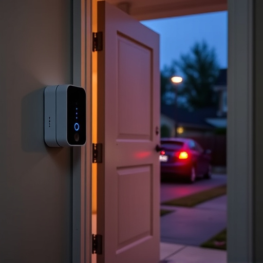 compact wireless doorbell at urban entry,emergency alert system inside hallway,apartment entry secured with bolt lock,doorbell camera recording visitor at night,night vision security camera watching driveway,flashing red home security alert light at night