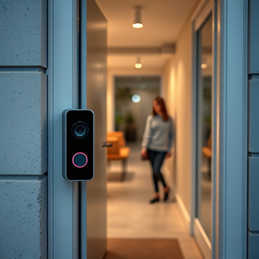 compact wireless doorbell at urban entry,doorbell camera recording visitor at night,emergency alert system inside hallway,connected smart home with multiple sensors,ai security camera scanning for movement,glass break sensor on sliding door