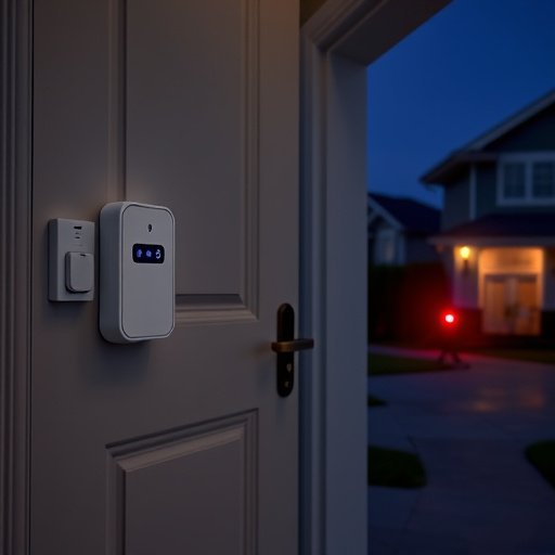 compact wireless doorbell at urban entry,emergency alert system inside hallway,apartment entry secured with bolt lock,doorbell camera recording visitor at night,night vision security camera watching driveway,flashing red home security alert light at night