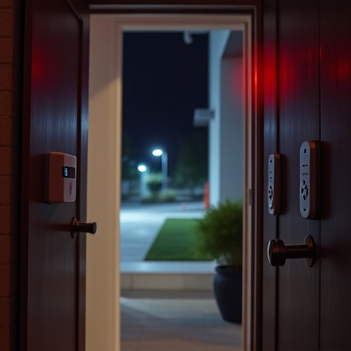 compact wireless doorbell at urban entry,emergency alert system inside hallway,apartment entry secured with bolt lock,doorbell camera recording visitor at night,night vision security camera watching driveway,flashing red home security alert light at night