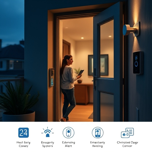 compact wireless doorbell at urban entry,doorbell camera recording visitor at night,emergency alert system inside hallway,connected smart home with multiple sensors,ai security camera scanning for movement,glass break sensor on sliding door