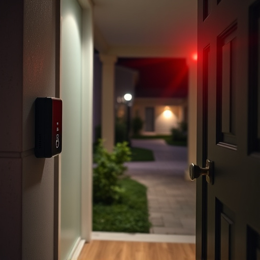 compact wireless doorbell at urban entry,emergency alert system inside hallway,apartment entry secured with bolt lock,doorbell camera recording visitor at night,night vision security camera watching driveway,flashing red home security alert light at night