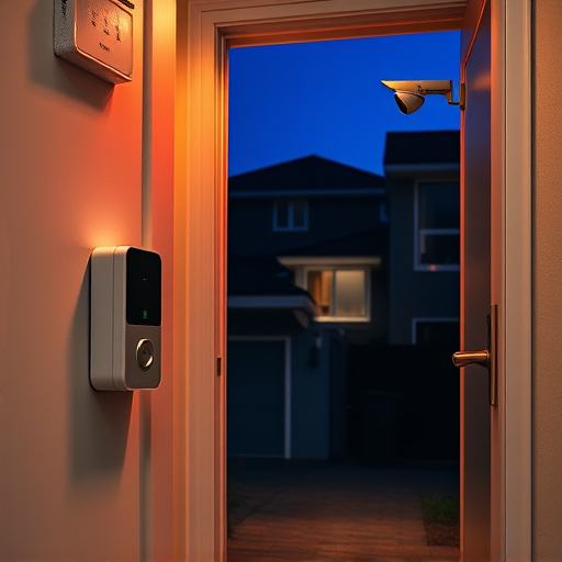 compact wireless doorbell at urban entry,emergency alert system inside hallway,apartment entry secured with bolt lock,doorbell camera recording visitor at night,night vision security camera watching driveway,flashing red home security alert light at night