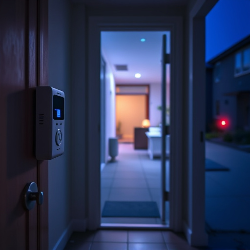 compact wireless doorbell at urban entry,emergency alert system inside hallway,apartment entry secured with bolt lock,doorbell camera recording visitor at night,night vision security camera watching driveway,flashing red home security alert light at night