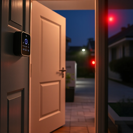 compact wireless doorbell at urban entry,emergency alert system inside hallway,apartment entry secured with bolt lock,doorbell camera recording visitor at night,night vision security camera watching driveway,flashing red home security alert light at night