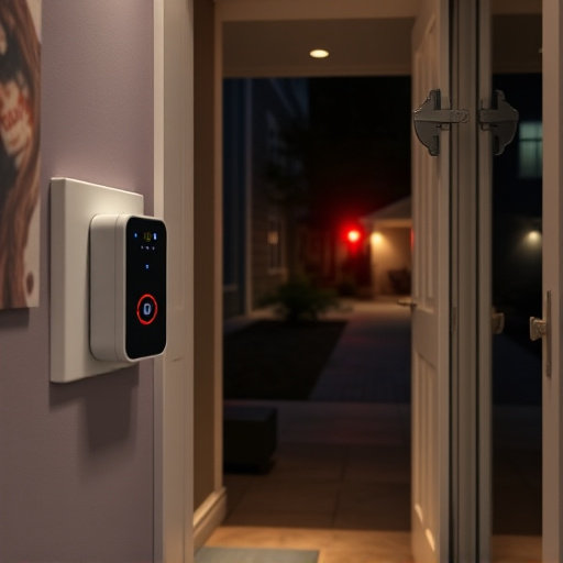 compact wireless doorbell at urban entry,emergency alert system inside hallway,apartment entry secured with bolt lock,doorbell camera recording visitor at night,night vision security camera watching driveway,flashing red home security alert light at night