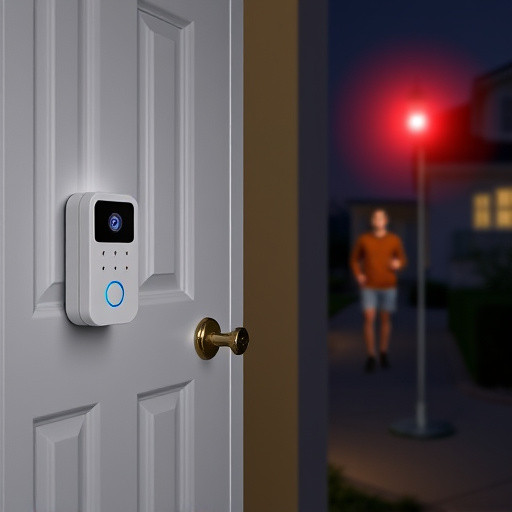 compact wireless doorbell at urban entry,emergency alert system inside hallway,apartment entry secured with bolt lock,doorbell camera recording visitor at night,night vision security camera watching driveway,flashing red home security alert light at night