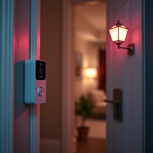 compact wireless doorbell at urban entry,emergency alert system inside hallway,apartment entry secured with bolt lock,doorbell camera recording visitor at night,night vision security camera watching driveway,flashing red home security alert light at night
