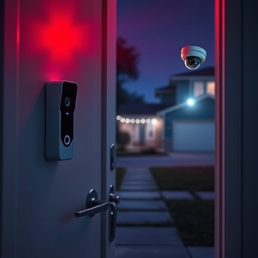compact wireless doorbell at urban entry,emergency alert system inside hallway,apartment entry secured with bolt lock,doorbell camera recording visitor at night,night vision security camera watching driveway,flashing red home security alert light at night