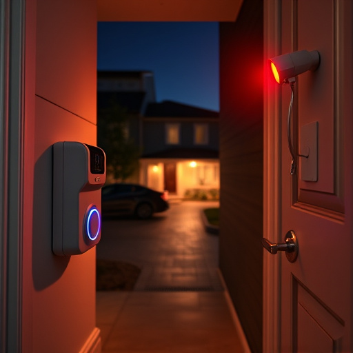 compact wireless doorbell at urban entry,emergency alert system inside hallway,apartment entry secured with bolt lock,doorbell camera recording visitor at night,night vision security camera watching driveway,flashing red home security alert light at night