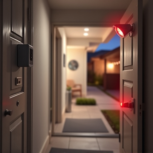 compact wireless doorbell at urban entry,emergency alert system inside hallway,apartment entry secured with bolt lock,doorbell camera recording visitor at night,night vision security camera watching driveway,flashing red home security alert light at night