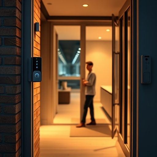 compact wireless doorbell at urban entry,doorbell camera recording visitor at night,emergency alert system inside hallway,connected smart home with multiple sensors,ai security camera scanning for movement,glass break sensor on sliding door