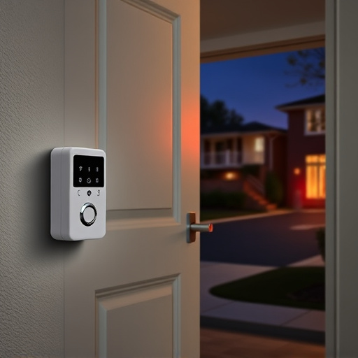 compact wireless doorbell at urban entry,emergency alert system inside hallway,apartment entry secured with bolt lock,doorbell camera recording visitor at night,night vision security camera watching driveway,flashing red home security alert light at night