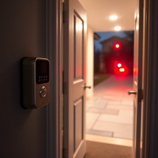 compact wireless doorbell at urban entry,emergency alert system inside hallway,apartment entry secured with bolt lock,doorbell camera recording visitor at night,night vision security camera watching driveway,flashing red home security alert light at night