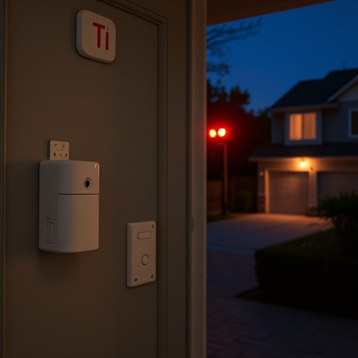 compact wireless doorbell at urban entry,emergency alert system inside hallway,apartment entry secured with bolt lock,doorbell camera recording visitor at night,night vision security camera watching driveway,flashing red home security alert light at night