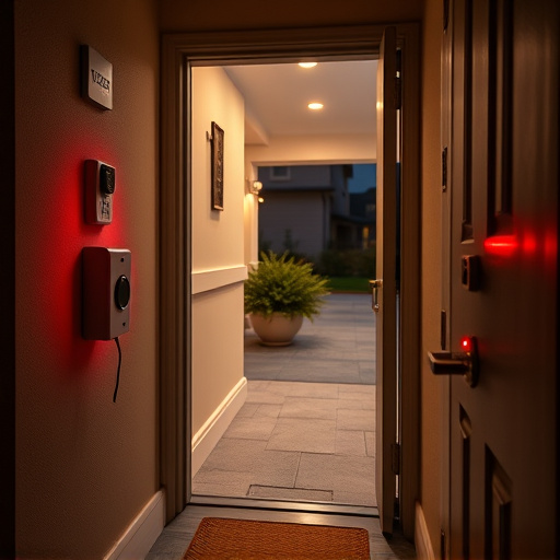 compact wireless doorbell at urban entry,emergency alert system inside hallway,apartment entry secured with bolt lock,doorbell camera recording visitor at night,night vision security camera watching driveway,flashing red home security alert light at night
