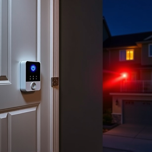 compact wireless doorbell at urban entry,emergency alert system inside hallway,apartment entry secured with bolt lock,doorbell camera recording visitor at night,night vision security camera watching driveway,flashing red home security alert light at night