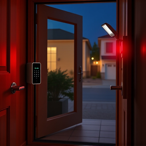 compact wireless doorbell at urban entry,emergency alert system inside hallway,apartment entry secured with bolt lock,doorbell camera recording visitor at night,night vision security camera watching driveway,flashing red home security alert light at night