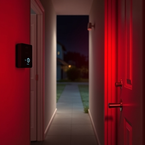 compact wireless doorbell at urban entry,emergency alert system inside hallway,apartment entry secured with bolt lock,doorbell camera recording visitor at night,night vision security camera watching driveway,flashing red home security alert light at night