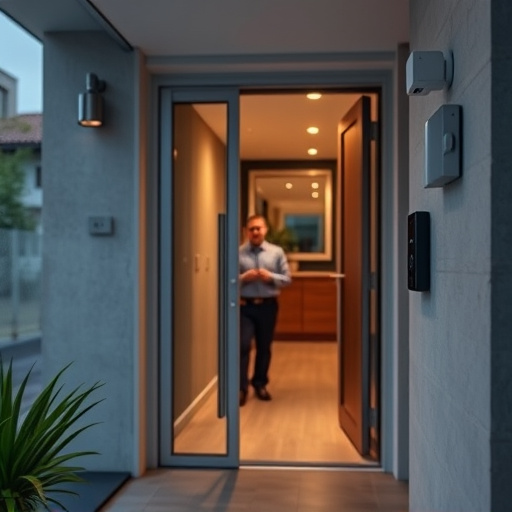 compact wireless doorbell at urban entry,doorbell camera recording visitor at night,emergency alert system inside hallway,connected smart home with multiple sensors,ai security camera scanning for movement,glass break sensor on sliding door