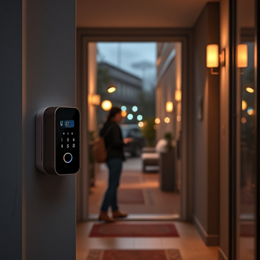compact wireless doorbell at urban entry,doorbell camera recording visitor at night,emergency alert system inside hallway,connected smart home with multiple sensors,ai security camera scanning for movement,glass break sensor on sliding door