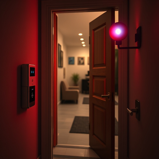 compact wireless doorbell at urban entry,emergency alert system inside hallway,apartment entry secured with bolt lock,doorbell camera recording visitor at night,night vision security camera watching driveway,flashing red home security alert light at night