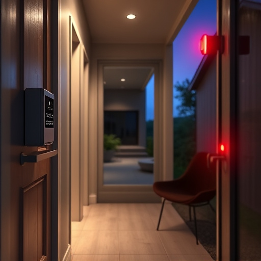 compact wireless doorbell at urban entry,emergency alert system inside hallway,apartment entry secured with bolt lock,doorbell camera recording visitor at night,night vision security camera watching driveway,flashing red home security alert light at night