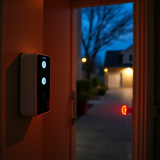 compact wireless doorbell at urban entry,emergency alert system inside hallway,apartment entry secured with bolt lock,doorbell camera recording visitor at night,night vision security camera watching driveway,flashing red home security alert light at night