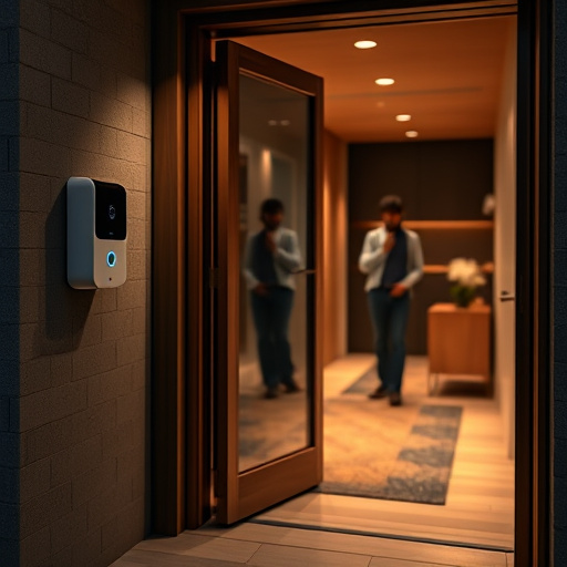 compact wireless doorbell at urban entry,doorbell camera recording visitor at night,emergency alert system inside hallway,connected smart home with multiple sensors,ai security camera scanning for movement,glass break sensor on sliding door