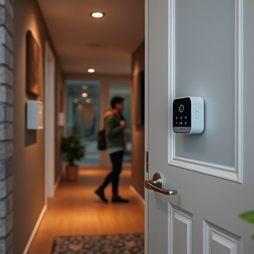 compact wireless doorbell at urban entry,doorbell camera recording visitor at night,emergency alert system inside hallway,connected smart home with multiple sensors,ai security camera scanning for movement,glass break sensor on sliding door
