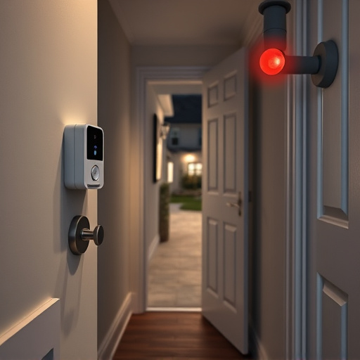 compact wireless doorbell at urban entry,emergency alert system inside hallway,apartment entry secured with bolt lock,doorbell camera recording visitor at night,night vision security camera watching driveway,flashing red home security alert light at night