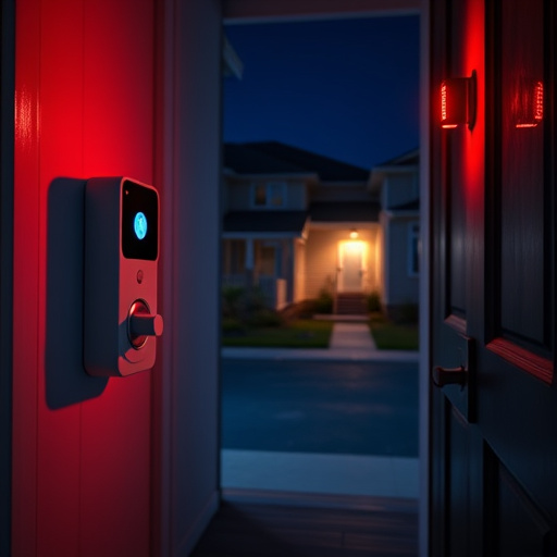 compact wireless doorbell at urban entry,emergency alert system inside hallway,apartment entry secured with bolt lock,doorbell camera recording visitor at night,night vision security camera watching driveway,flashing red home security alert light at night