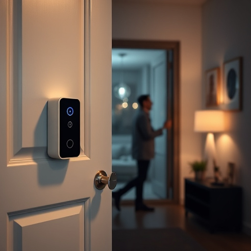 compact wireless doorbell at urban entry,doorbell camera recording visitor at night,emergency alert system inside hallway,connected smart home with multiple sensors,ai security camera scanning for movement,glass break sensor on sliding door
