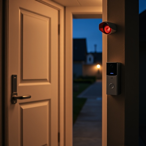 compact wireless doorbell at urban entry,emergency alert system inside hallway,apartment entry secured with bolt lock,doorbell camera recording visitor at night,night vision security camera watching driveway,flashing red home security alert light at night